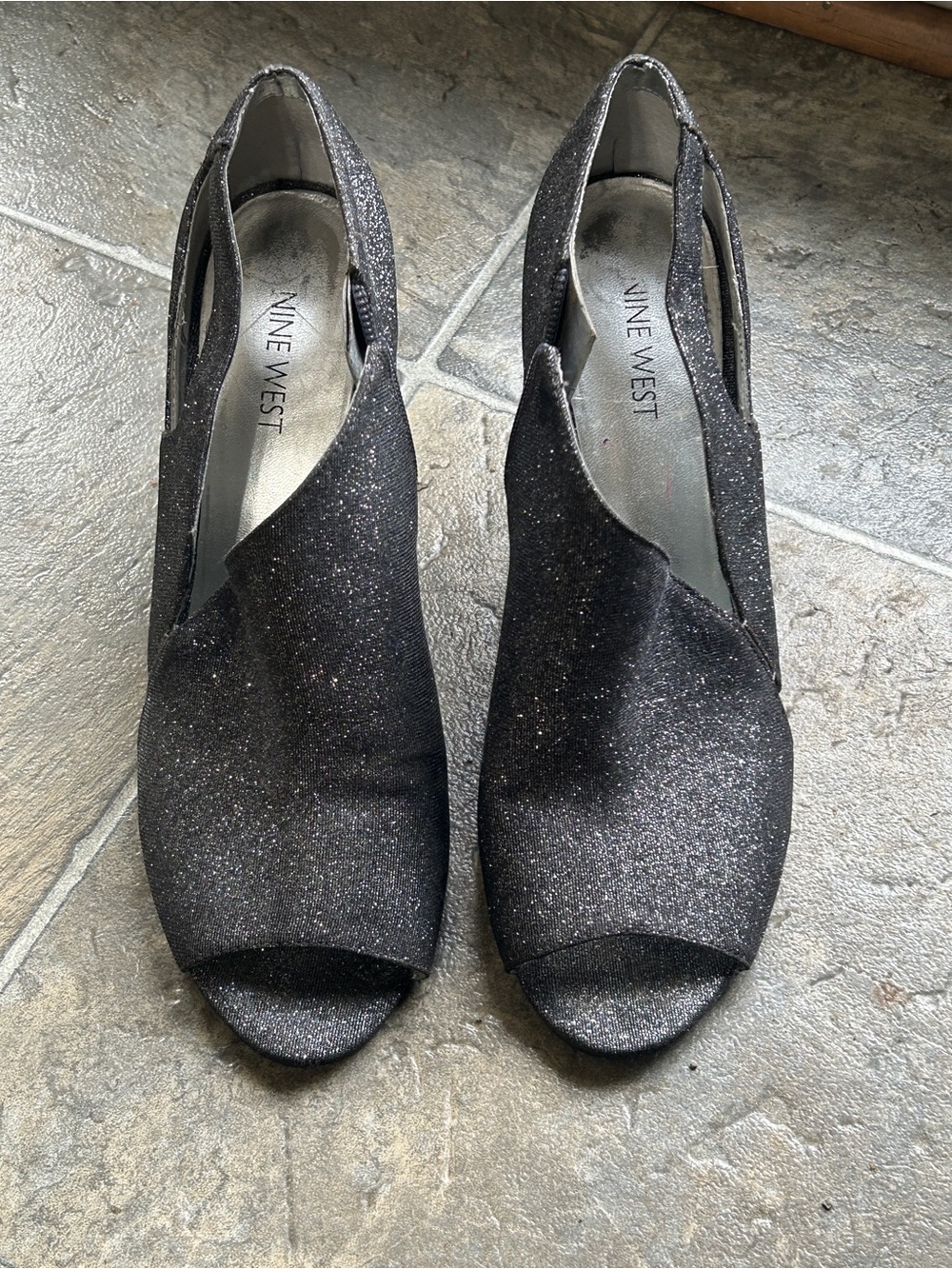 Nine West Black Glitter Open-Toe Heels